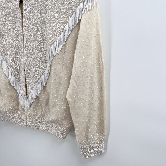 Vintage Gene Shelly's Cream Beaded Fringe Cardigan Sweater Womens Medium - Picture 3 of 16